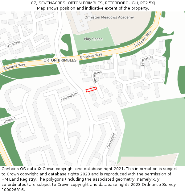 87, SEVENACRES, ORTON BRIMBLES, PETERBOROUGH, PE2 5XJ: Location map and indicative extent of plot