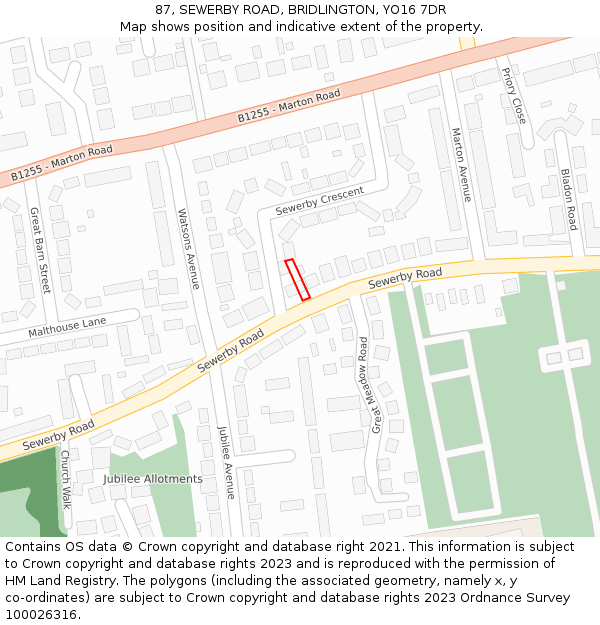 87, SEWERBY ROAD, BRIDLINGTON, YO16 7DR: Location map and indicative extent of plot