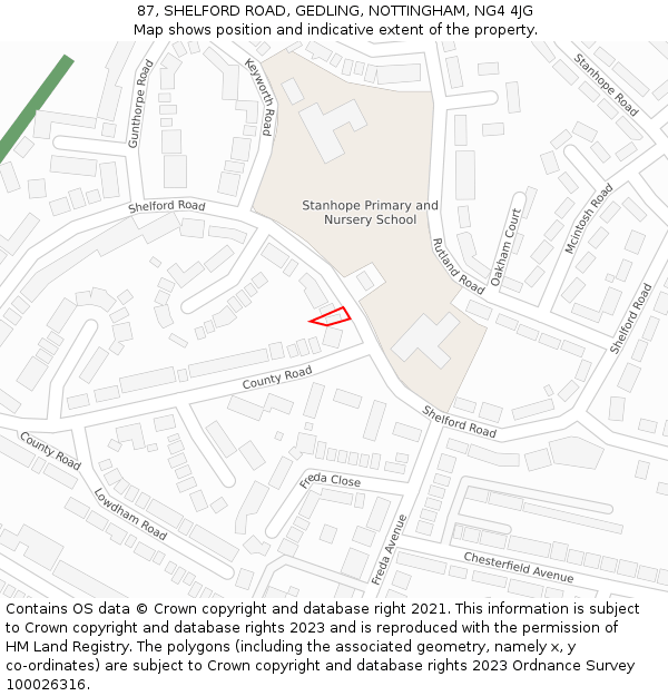 87, SHELFORD ROAD, GEDLING, NOTTINGHAM, NG4 4JG: Location map and indicative extent of plot