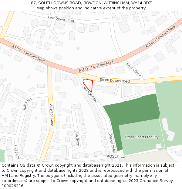 87, SOUTH DOWNS ROAD, BOWDON, ALTRINCHAM, WA14 3DZ: Location map and indicative extent of plot