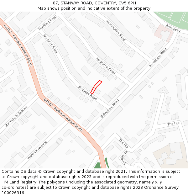 87, STANWAY ROAD, COVENTRY, CV5 6PH: Location map and indicative extent of plot