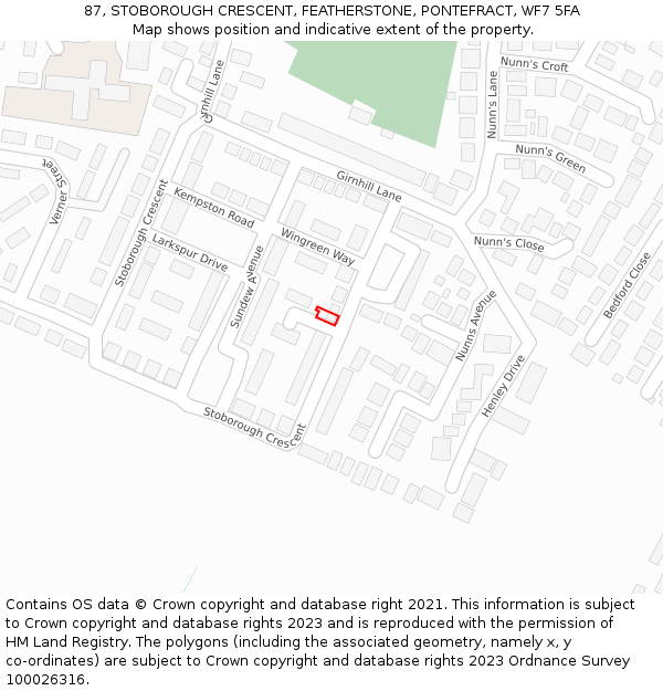 87, STOBOROUGH CRESCENT, FEATHERSTONE, PONTEFRACT, WF7 5FA: Location map and indicative extent of plot
