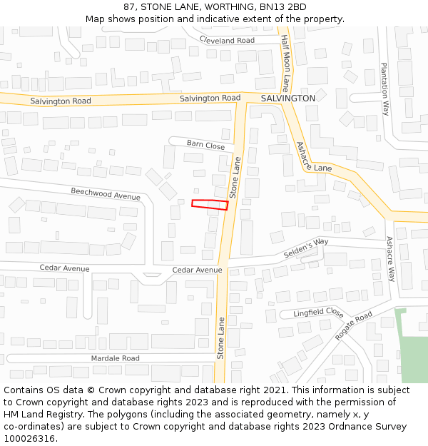 87, STONE LANE, WORTHING, BN13 2BD: Location map and indicative extent of plot