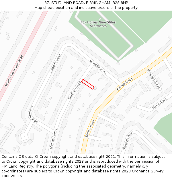 87, STUDLAND ROAD, BIRMINGHAM, B28 8NP: Location map and indicative extent of plot