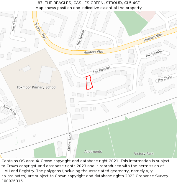 87, THE BEAGLES, CASHES GREEN, STROUD, GL5 4SF: Location map and indicative extent of plot