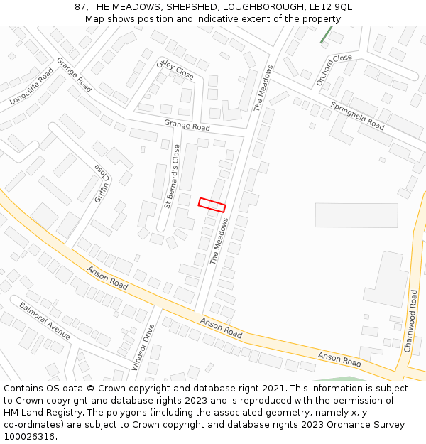 87, THE MEADOWS, SHEPSHED, LOUGHBOROUGH, LE12 9QL: Location map and indicative extent of plot