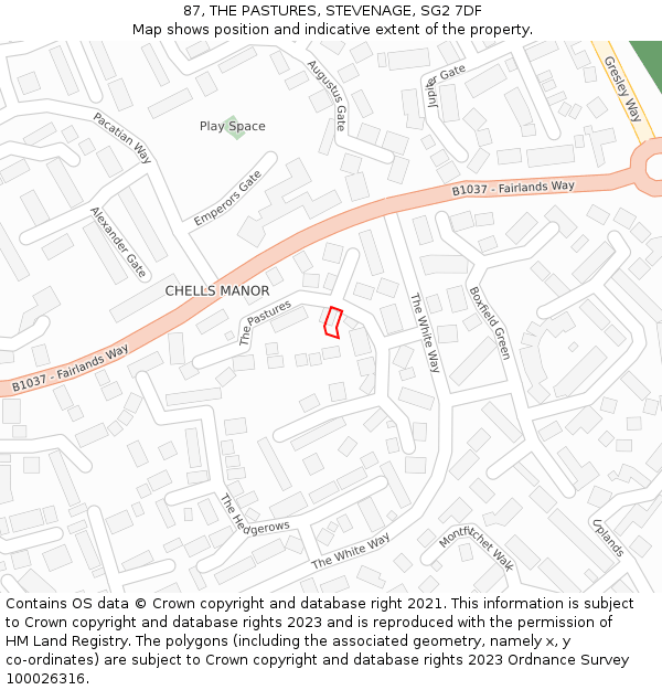 87, THE PASTURES, STEVENAGE, SG2 7DF: Location map and indicative extent of plot