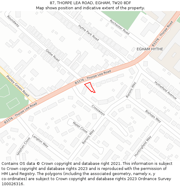 87, THORPE LEA ROAD, EGHAM, TW20 8DF: Location map and indicative extent of plot