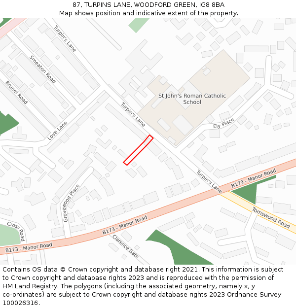 87, TURPINS LANE, WOODFORD GREEN, IG8 8BA: Location map and indicative extent of plot