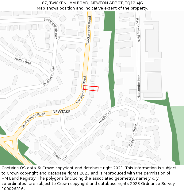 87, TWICKENHAM ROAD, NEWTON ABBOT, TQ12 4JG: Location map and indicative extent of plot