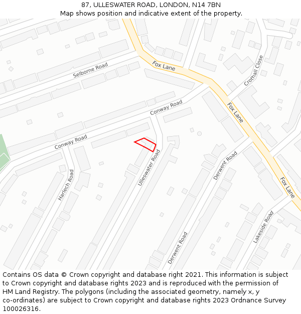 87, ULLESWATER ROAD, LONDON, N14 7BN: Location map and indicative extent of plot