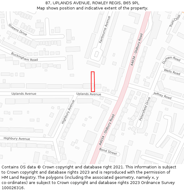 87, UPLANDS AVENUE, ROWLEY REGIS, B65 9PL: Location map and indicative extent of plot