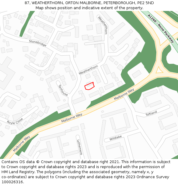 87, WEATHERTHORN, ORTON MALBORNE, PETERBOROUGH, PE2 5ND: Location map and indicative extent of plot