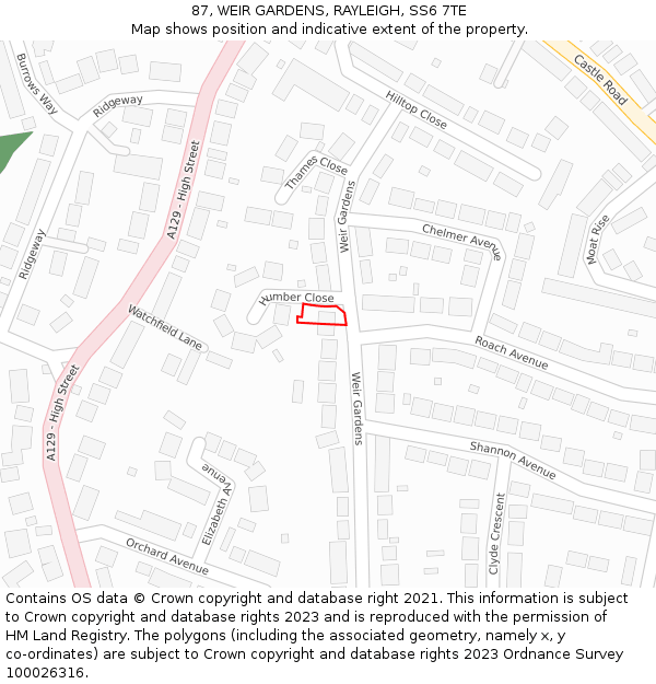 87, WEIR GARDENS, RAYLEIGH, SS6 7TE: Location map and indicative extent of plot