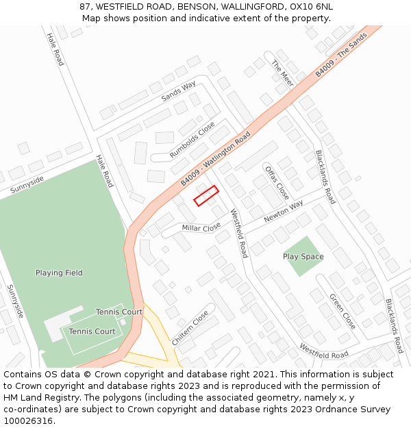 87, WESTFIELD ROAD, BENSON, WALLINGFORD, OX10 6NL: Location map and indicative extent of plot