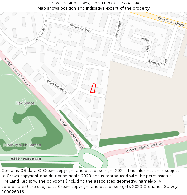 87, WHIN MEADOWS, HARTLEPOOL, TS24 9NX: Location map and indicative extent of plot