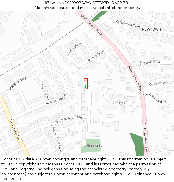 87, WHINNEY MOOR WAY, RETFORD, DN22 7BL: Location map and indicative extent of plot