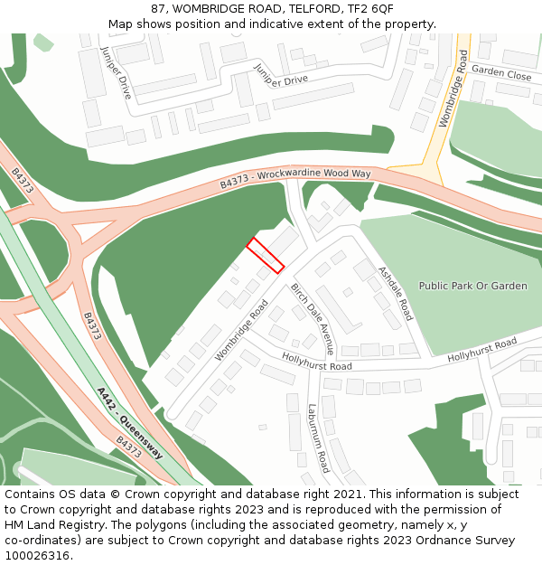 87, WOMBRIDGE ROAD, TELFORD, TF2 6QF: Location map and indicative extent of plot