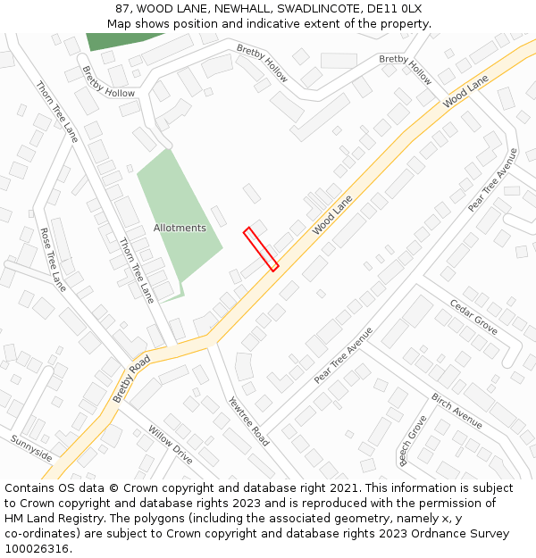 87, WOOD LANE, NEWHALL, SWADLINCOTE, DE11 0LX: Location map and indicative extent of plot