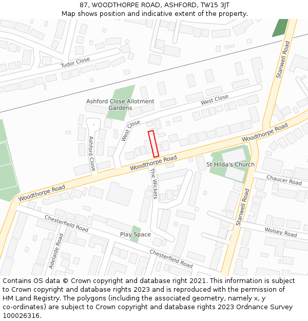 87, WOODTHORPE ROAD, ASHFORD, TW15 3JT: Location map and indicative extent of plot