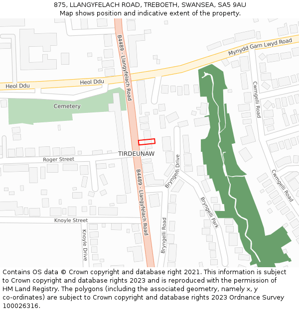 875, LLANGYFELACH ROAD, TREBOETH, SWANSEA, SA5 9AU: Location map and indicative extent of plot