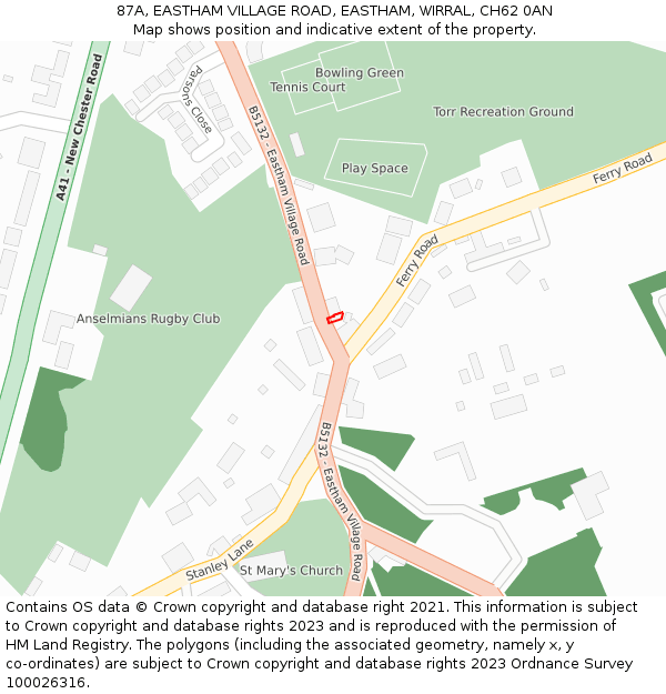 87A, EASTHAM VILLAGE ROAD, EASTHAM, WIRRAL, CH62 0AN: Location map and indicative extent of plot