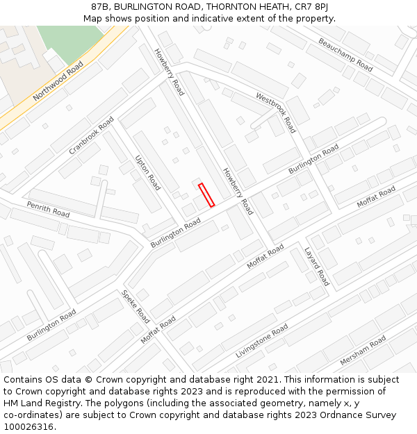 87B, BURLINGTON ROAD, THORNTON HEATH, CR7 8PJ: Location map and indicative extent of plot