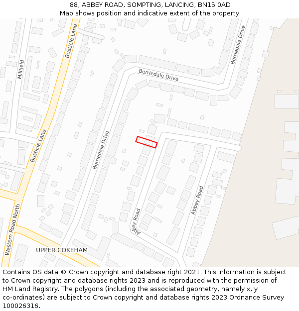 88, ABBEY ROAD, SOMPTING, LANCING, BN15 0AD: Location map and indicative extent of plot