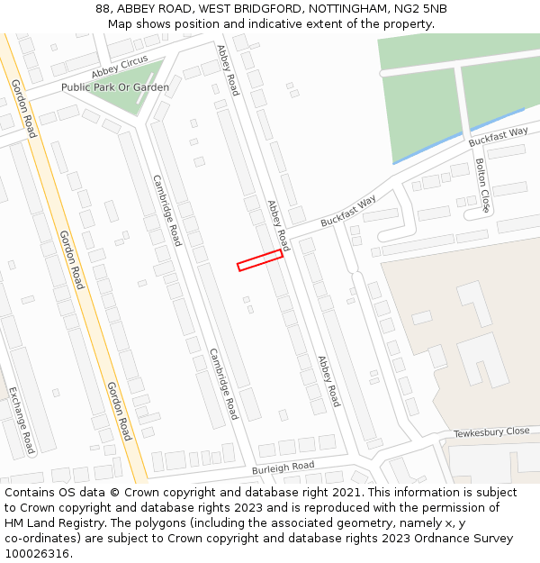 88, ABBEY ROAD, WEST BRIDGFORD, NOTTINGHAM, NG2 5NB: Location map and indicative extent of plot