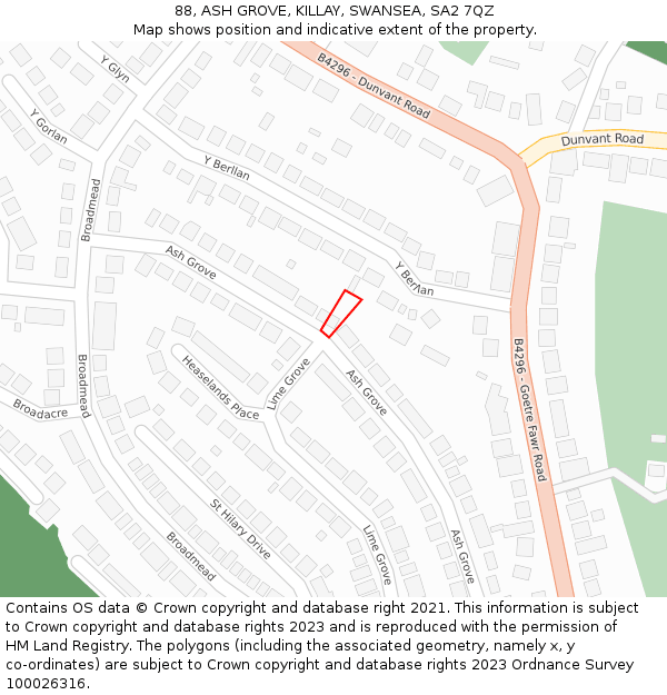 88, ASH GROVE, KILLAY, SWANSEA, SA2 7QZ: Location map and indicative extent of plot