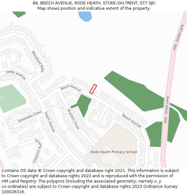 88, BEECH AVENUE, RODE HEATH, STOKE-ON-TRENT, ST7 3JD: Location map and indicative extent of plot