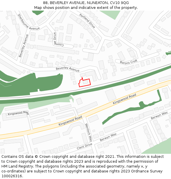 88, BEVERLEY AVENUE, NUNEATON, CV10 9QG: Location map and indicative extent of plot