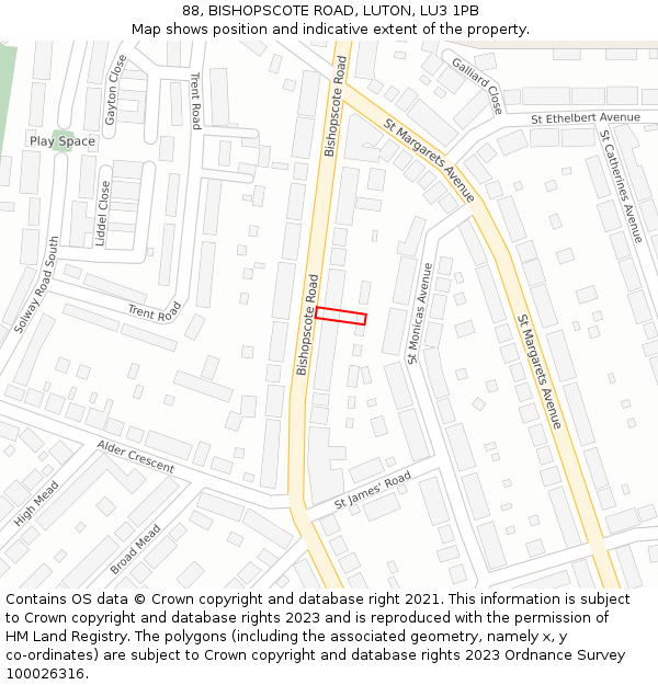 88, BISHOPSCOTE ROAD, LUTON, LU3 1PB: Location map and indicative extent of plot