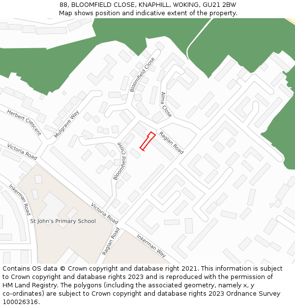 88, BLOOMFIELD CLOSE, KNAPHILL, WOKING, GU21 2BW: Location map and indicative extent of plot