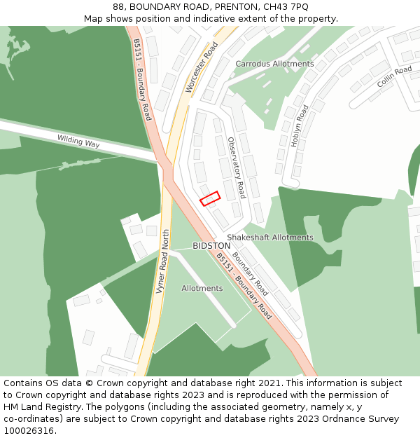 88, BOUNDARY ROAD, PRENTON, CH43 7PQ: Location map and indicative extent of plot