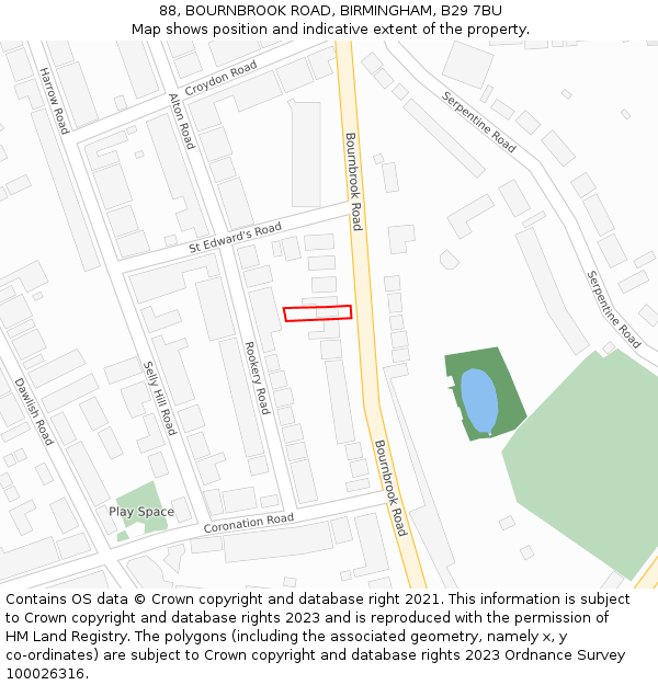 88, BOURNBROOK ROAD, BIRMINGHAM, B29 7BU: Location map and indicative extent of plot