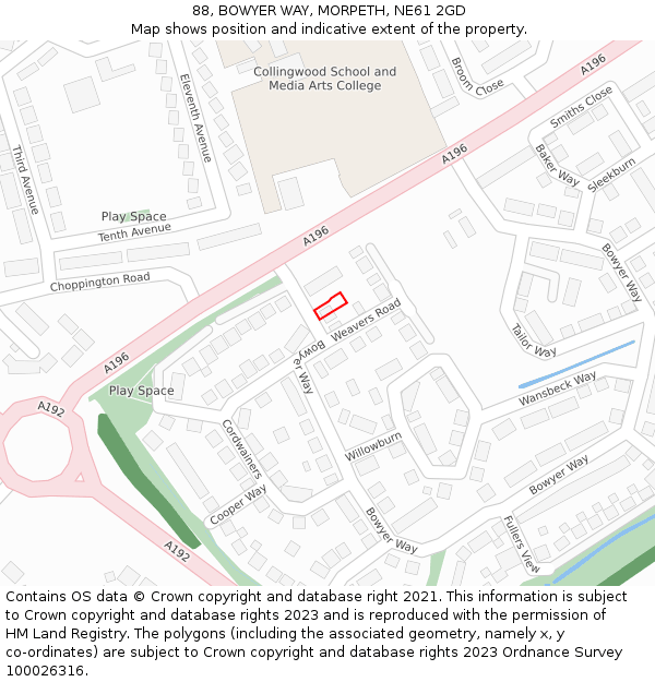 88, BOWYER WAY, MORPETH, NE61 2GD: Location map and indicative extent of plot