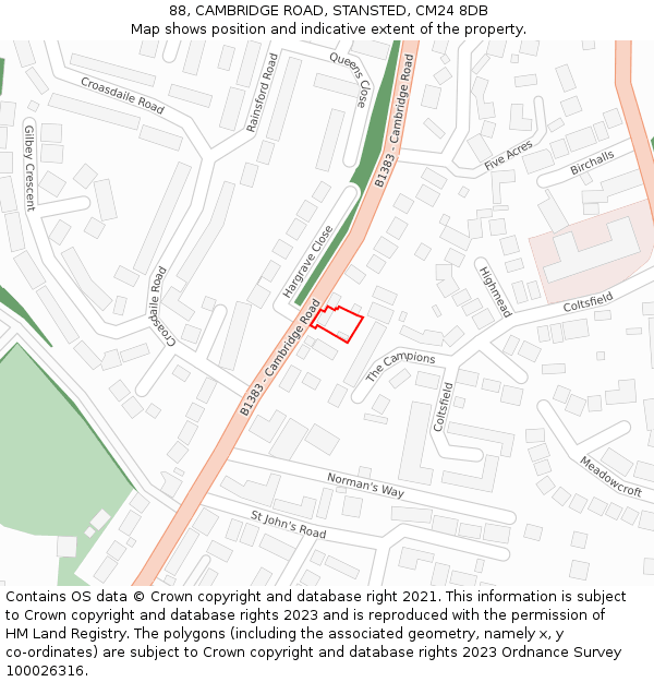 88, CAMBRIDGE ROAD, STANSTED, CM24 8DB: Location map and indicative extent of plot