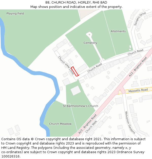 88, CHURCH ROAD, HORLEY, RH6 8AD: Location map and indicative extent of plot