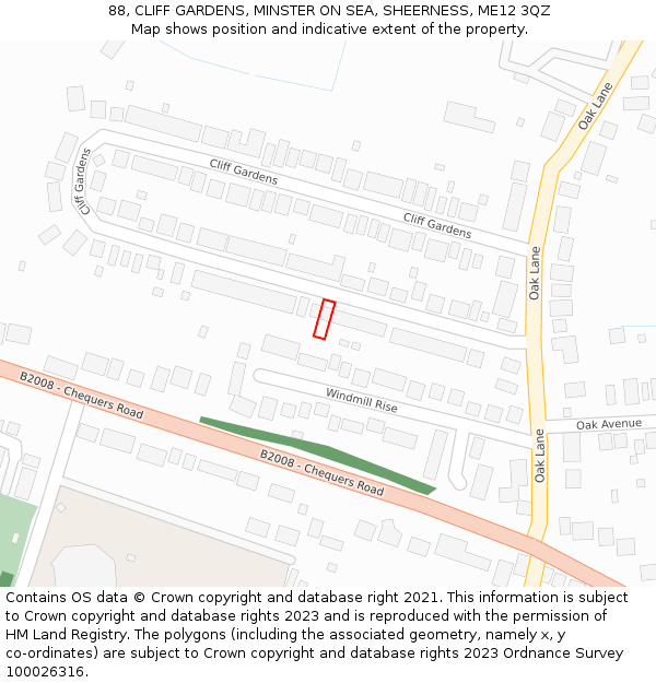 88, CLIFF GARDENS, MINSTER ON SEA, SHEERNESS, ME12 3QZ: Location map and indicative extent of plot
