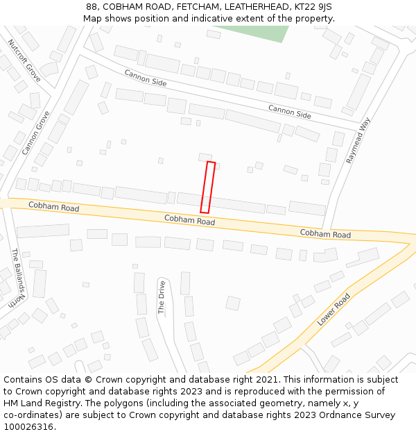 88, COBHAM ROAD, FETCHAM, LEATHERHEAD, KT22 9JS: Location map and indicative extent of plot