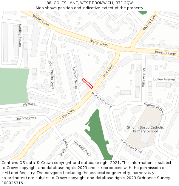 88, COLES LANE, WEST BROMWICH, B71 2QW: Location map and indicative extent of plot