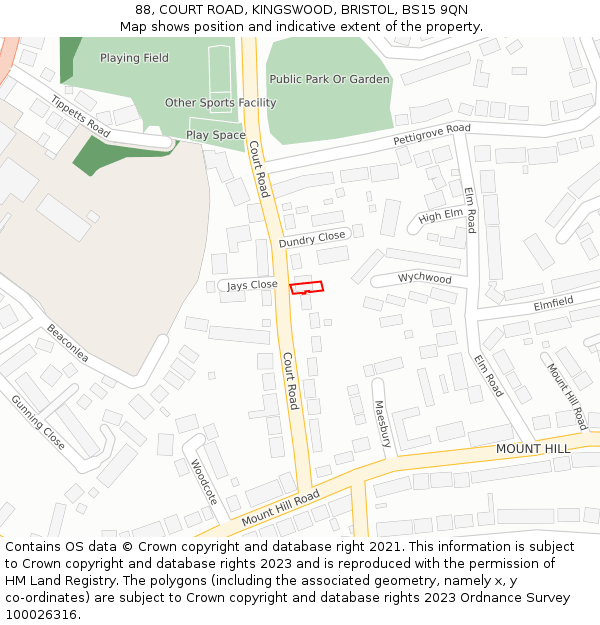 88, COURT ROAD, KINGSWOOD, BRISTOL, BS15 9QN: Location map and indicative extent of plot