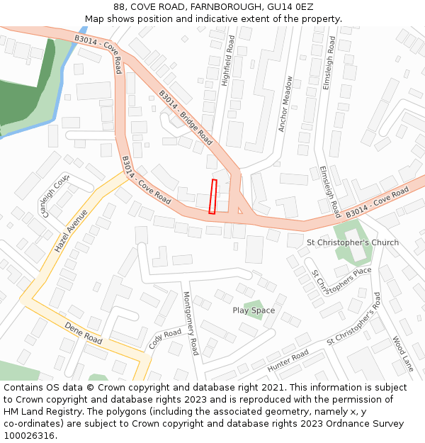 88, COVE ROAD, FARNBOROUGH, GU14 0EZ: Location map and indicative extent of plot