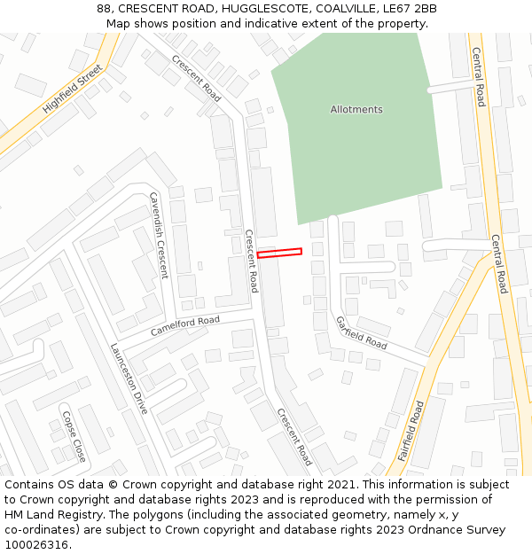 88, CRESCENT ROAD, HUGGLESCOTE, COALVILLE, LE67 2BB: Location map and indicative extent of plot