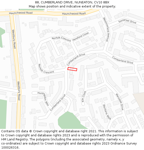 88, CUMBERLAND DRIVE, NUNEATON, CV10 8BX: Location map and indicative extent of plot