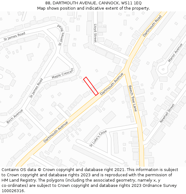 88, DARTMOUTH AVENUE, CANNOCK, WS11 1EQ: Location map and indicative extent of plot