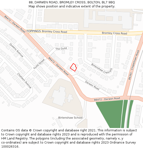 88, DARWEN ROAD, BROMLEY CROSS, BOLTON, BL7 9BQ: Location map and indicative extent of plot