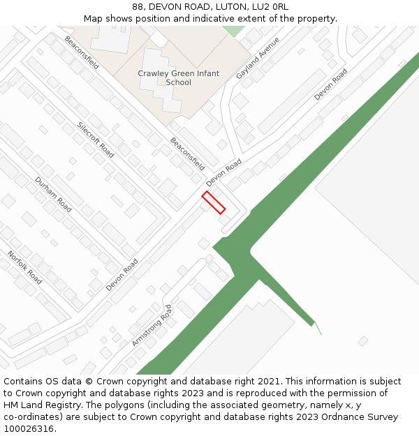 88, DEVON ROAD, LUTON, LU2 0RL: Location map and indicative extent of plot