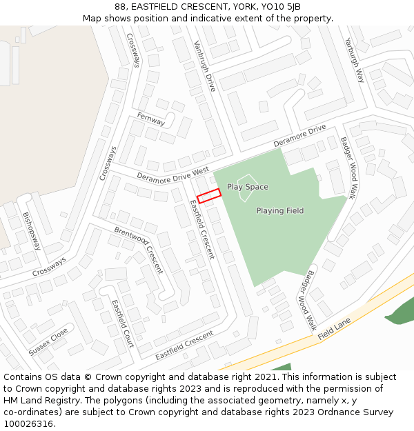 88, EASTFIELD CRESCENT, YORK, YO10 5JB: Location map and indicative extent of plot